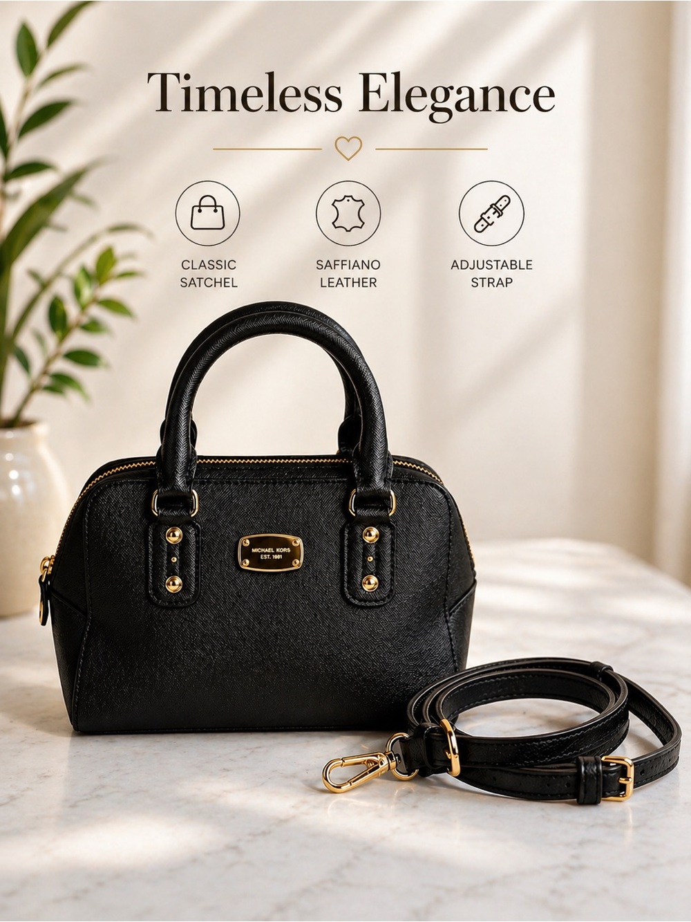 Michael Kors Black Saffiano Leather Domed Satchel with Leather Crossbody Strap